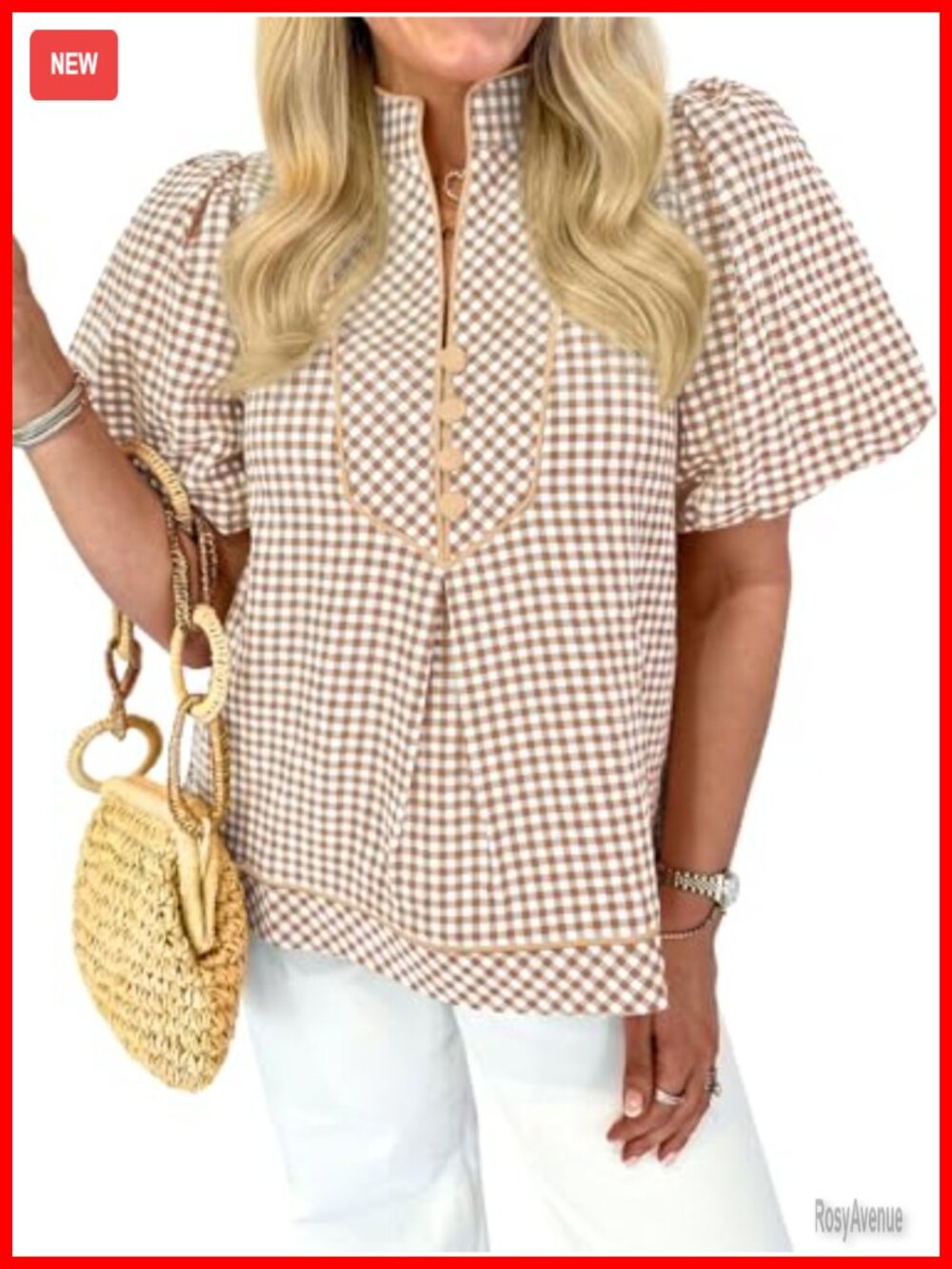 Womens Puff Short Sleeve Blouse Gingham Button Down V Neck Top